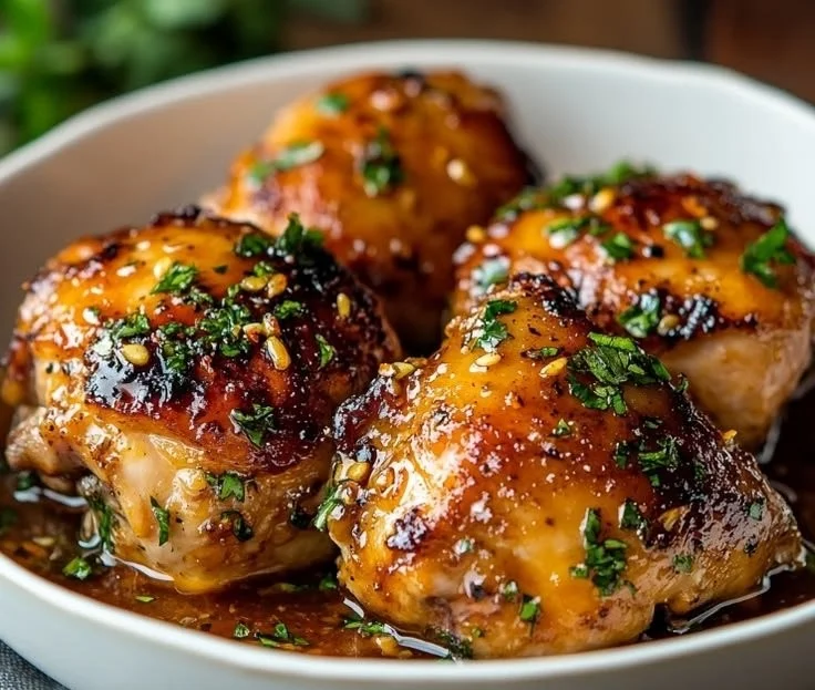 Slow cooker Honey Garlic Chicken Thighs served on a plate with vegetables