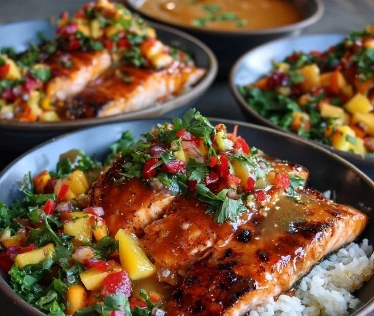 Honey glazed salmon bowl with peach salsa and chipotle sauce served in a bowl.