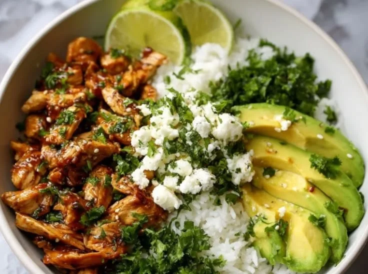 Honey Lime Chicken served in an avocado rice bowl, healthy high-protein dinner