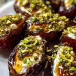 Honey pistachio ricotta stuffed dates on a plate, showcasing a delicious appetizer.