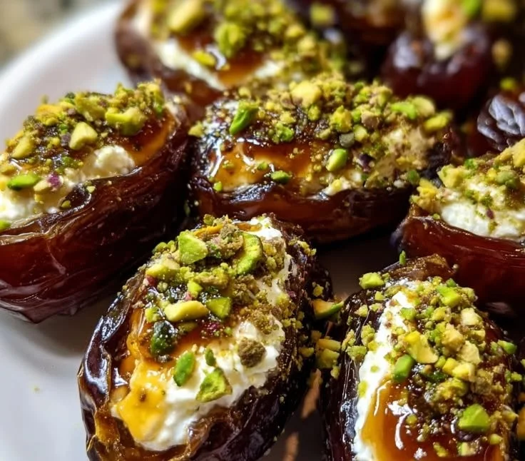 Honey pistachio ricotta stuffed dates on a plate, showcasing a delicious appetizer.