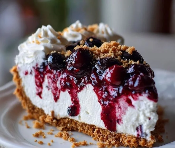 Delicious Huckleberry Cream Pie topped with whipped cream and berries