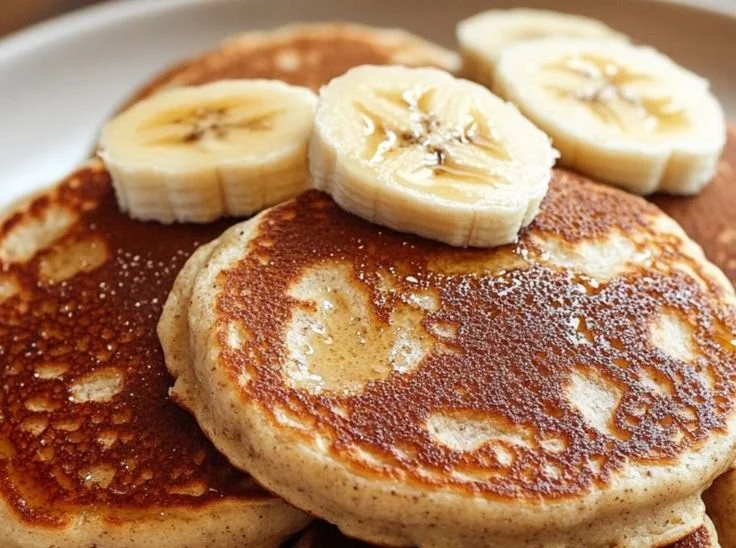Fluffy banana oatmeal pancakes stacked with fresh fruit