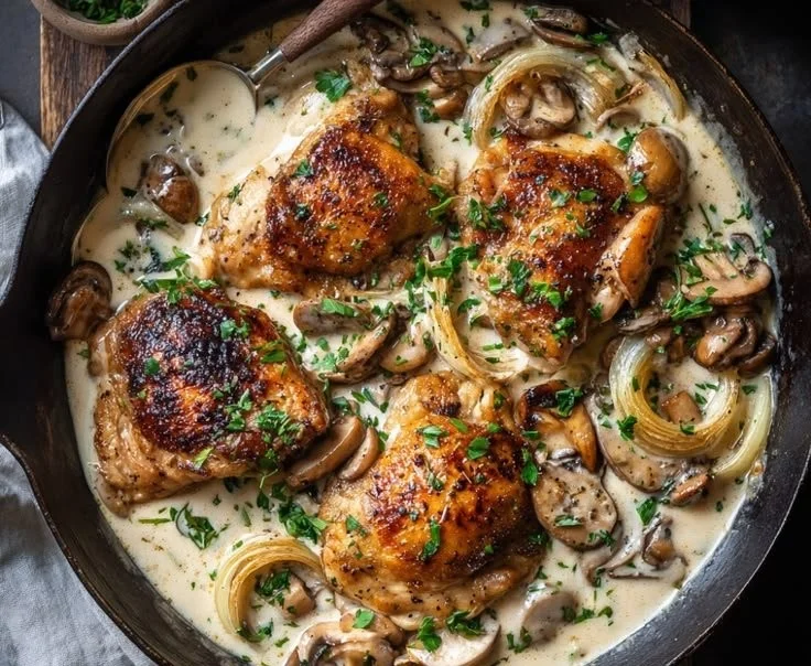 Creamy Irish Whiskey Chicken skillet dish garnished with herbs