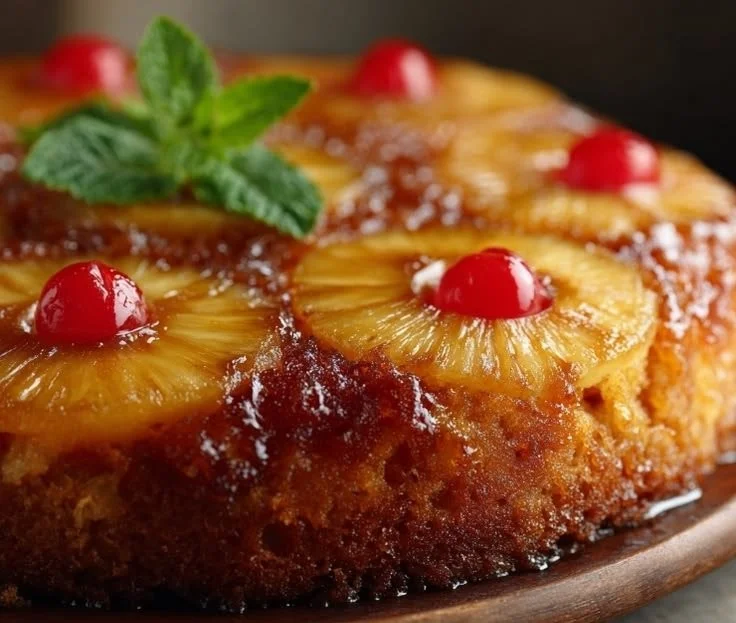 A delicious slice of juicy pineapple upside-down cake topped with caramelized pineapples.