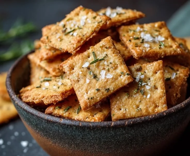 Homemade keto crackers on a wooden serving board, perfect low-carb snack