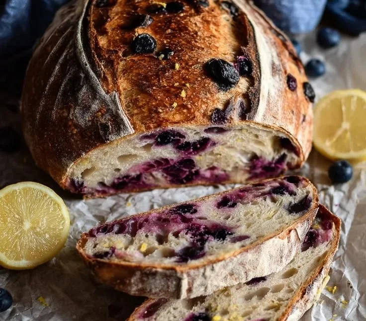 Lemon blueberry sourdough bread loaf with fresh blueberries and lemon zest