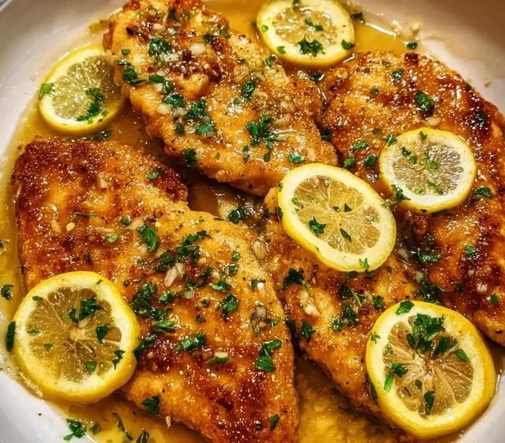 Delicious Lemon Butter Chicken French Style served with fresh herbs and lemon slices