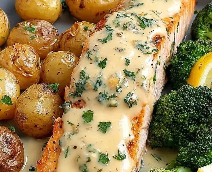Plate of Lemon Butter Salmon with crispy potatoes and broccoli garnished with herbs.