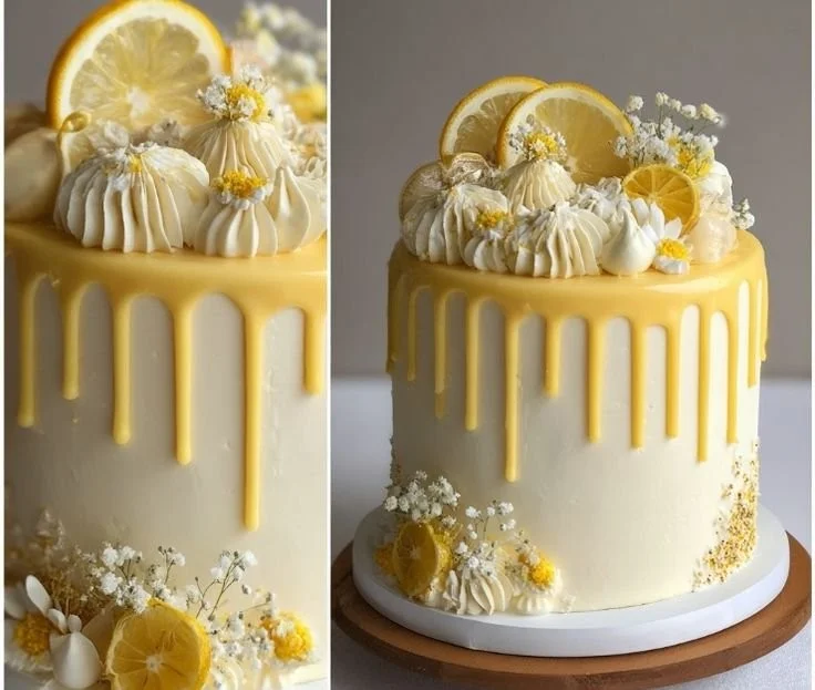 Lemon Cake Supreme topped with a citrus glaze and fresh lemon slices