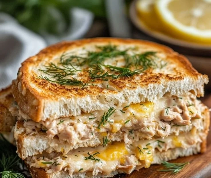 Lemon-Dill Tuna Melt Sandwich served on a plate with fresh herbs and lemon slices.