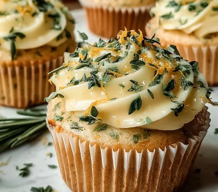 Delicious lemon thyme rosemary cupcakes with floral and citrus notes.