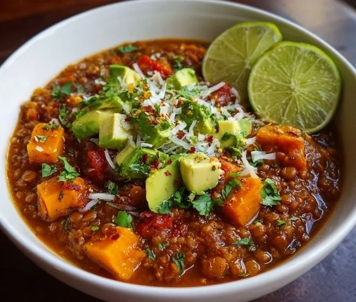 Bowl of colorful lentil sweet potato chili garnished with fresh herbs
