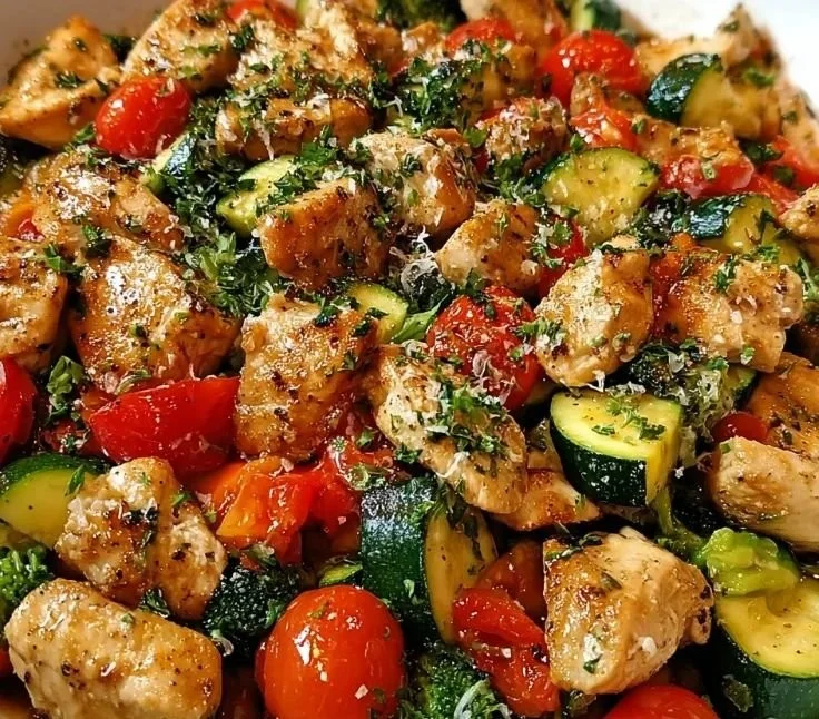 Loaded chicken and veggie skillet dish with vibrant colors and healthy ingredients