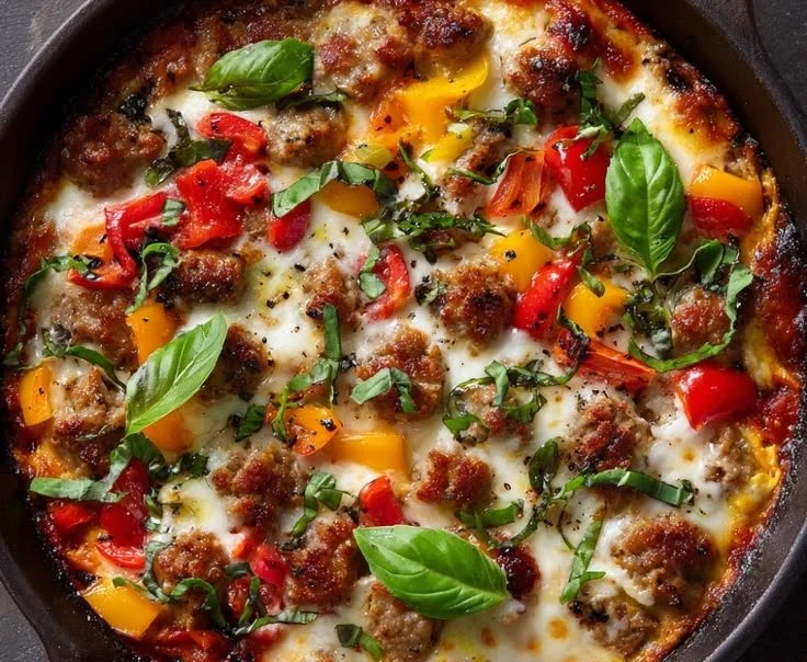Delicious low carb pizza bowl recipe prepared in 30 minutes.