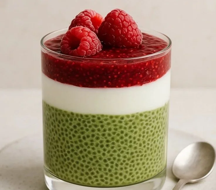 Bowl of matcha chia pudding topped with yogurt and raspberry chia jam