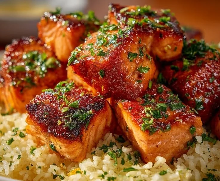 Plate of Mediterranean salmon served with lemon rice