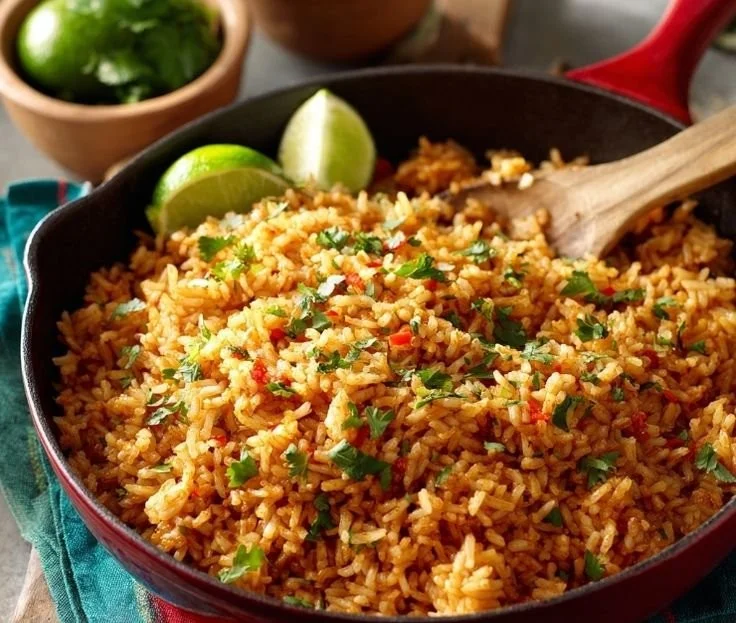 A flavorful plate of homemade Mexican rice with vibrant colors and spices.