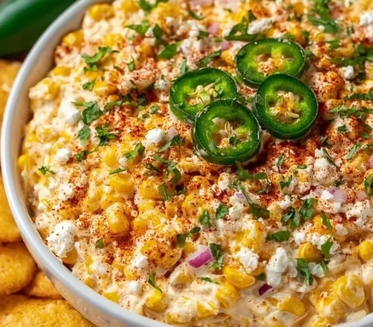 Mexican street corn dip in a bowl with toppings, served with tortilla chips