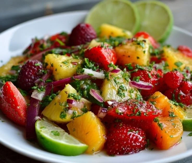 Colorful Mexican Summer Fruit Salad drizzled with Chile Lime Vinaigrette