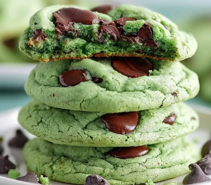 Freshly baked Mint Chocolate Chip Cookies on a cooling rack