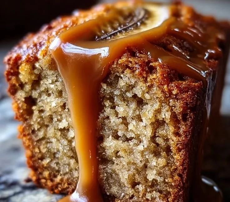 Moist banana bread topped with dulce de leche on a wooden table