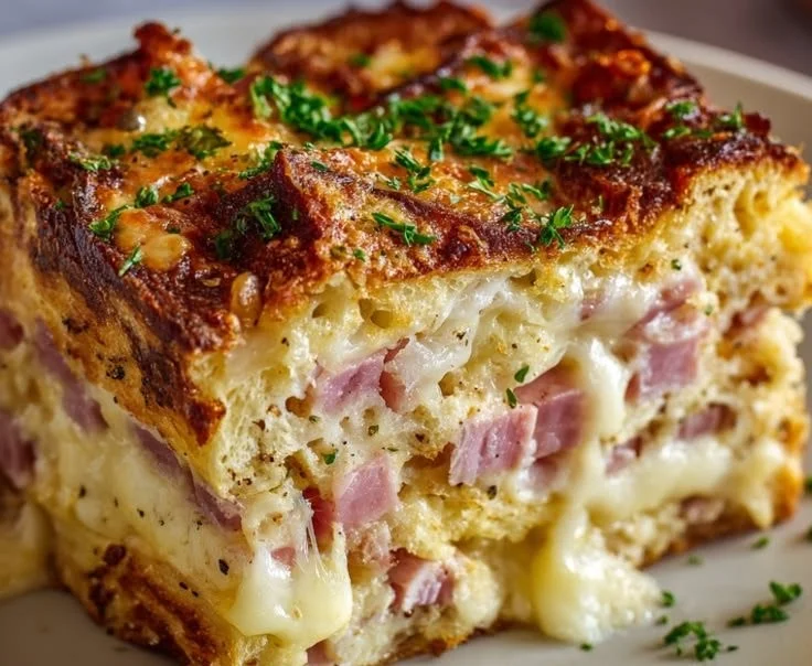 Delicious Monte Cristo Breakfast Casserole served with fresh fruit