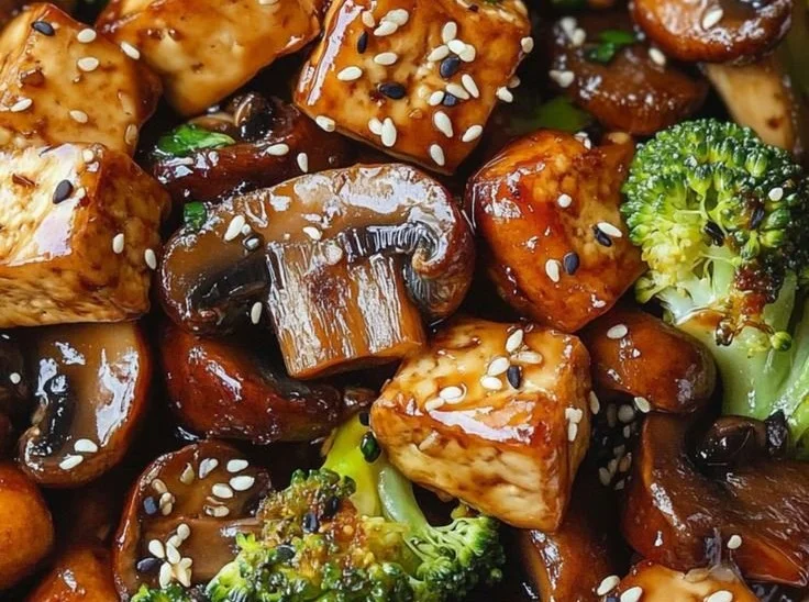 Delicious mushroom and tofu stir-fry served with fresh vegetables