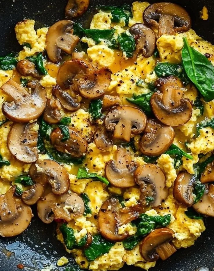Mushroom Spinach Scrambled Eggs served in a bowl