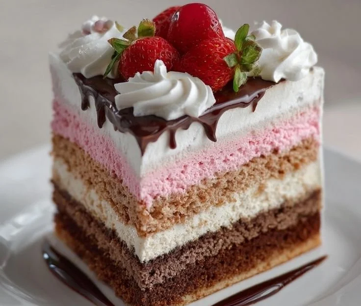 Delicious Neopolitan cake with chocolate, vanilla, and strawberry layers