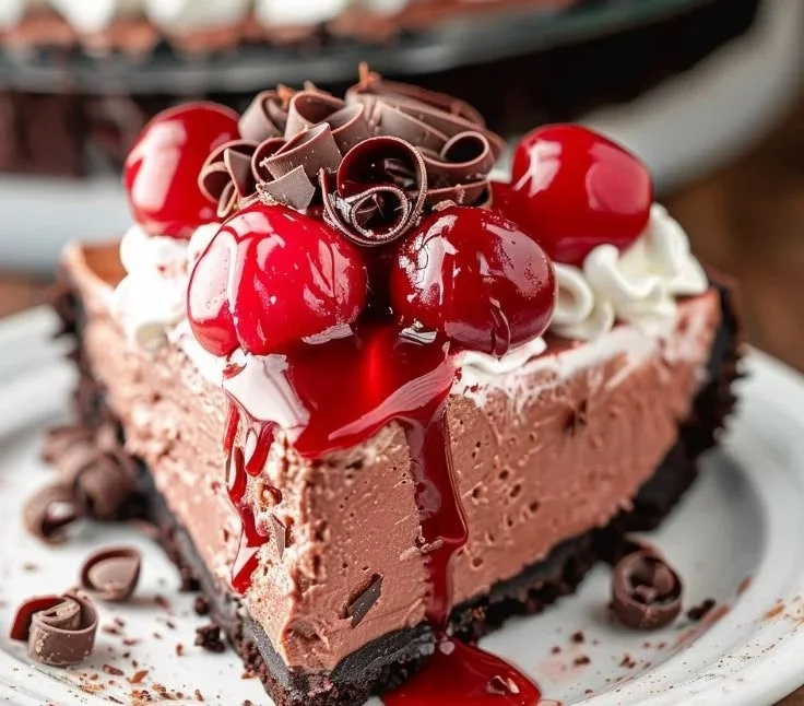 Slice of No Bake Black Forest Cheesecake topped with cherries and chocolate shavings