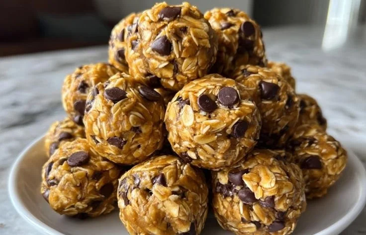 No-bake chocolate peanut butter protein balls on a plate