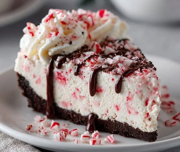 Delicious no-bake peppermint cheesecake topped with chocolate and festive decorations