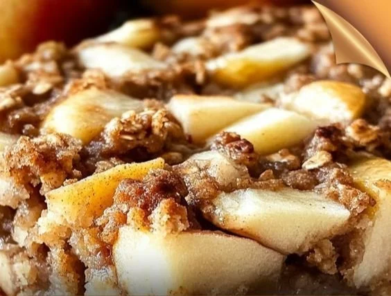 Delicious Oatmeal Apple Bake fresh out of the oven, topped with cinnamon and apples.