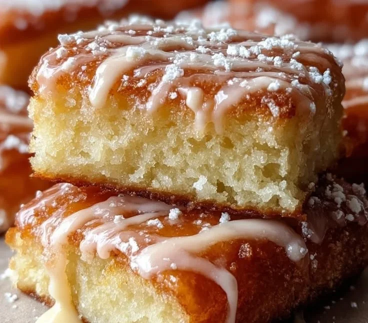 Old-fashioned buttermilk donut bars drizzled with glaze on a plate