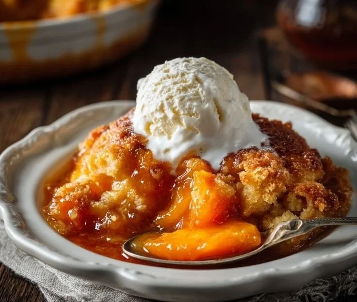 Delicious old fashioned peach cobbler served in a rustic dish