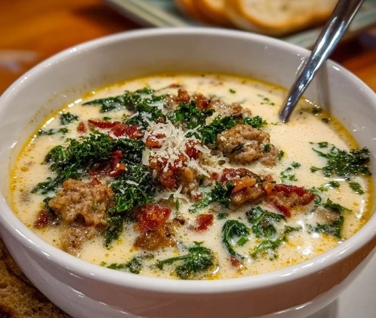Bowl of Olive Garden-style Tuscan Soup with fresh vegetables and spices