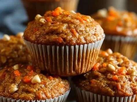 One-bowl carrot oatmeal muffins ready to serve, a healthy and delicious snack.