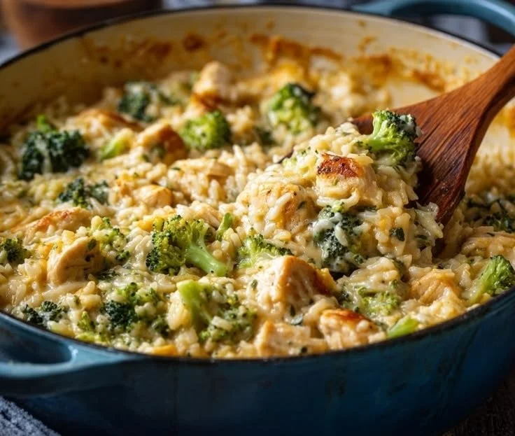 One Pot Chicken Broccoli Rice Casserole topped with cheese and broccoli.