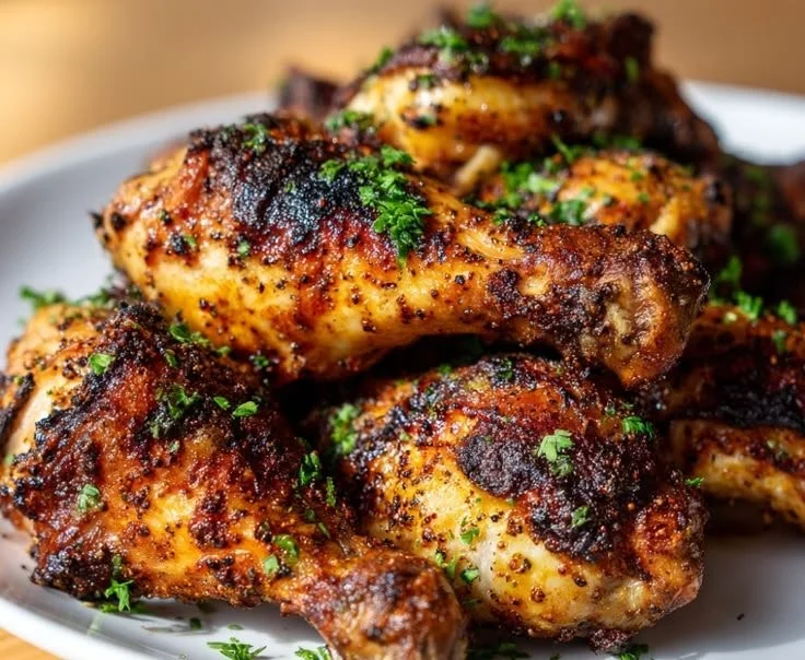 A plate of oven-baked chicken drumsticks with crispy skin and herbs