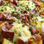 Delicious Overnight Eggs Benedict Casserole served with hollandaise sauce.