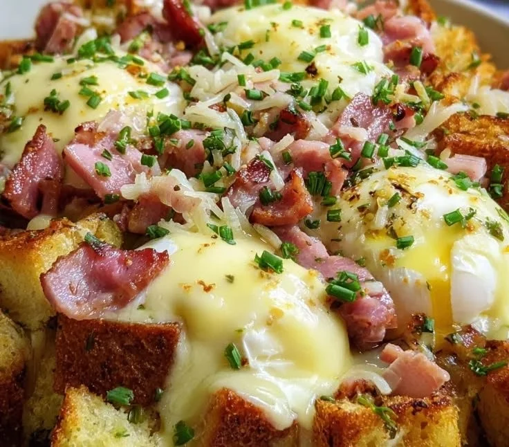 Delicious Overnight Eggs Benedict Casserole served with hollandaise sauce.