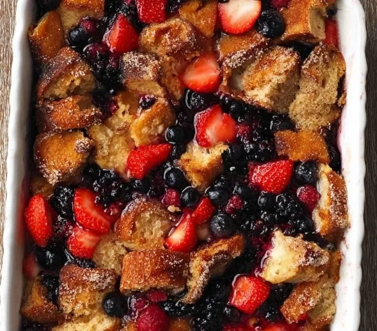 Delicious Overnight French Toast topped with fresh berries and syrup