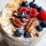 Bowl of overnight oats with chia seeds topped with fresh fruit