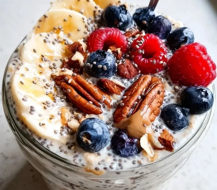 Bowl of overnight oats with chia seeds topped with fresh fruit