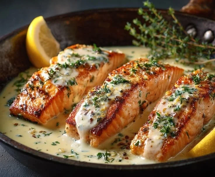 Pan-seared salmon topped with lemon garlic butter sauce on a plate.