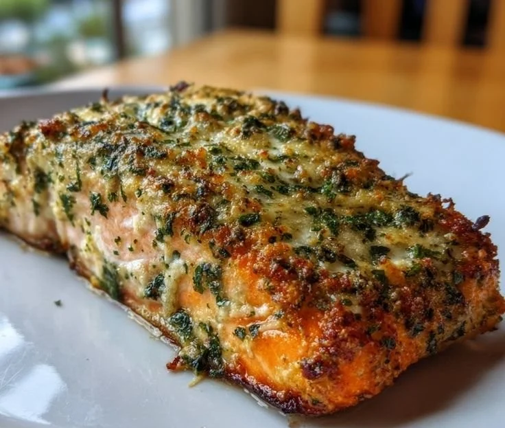 Parmesan Basil Air Fryer Salmon cooked to perfection with herbs and spices