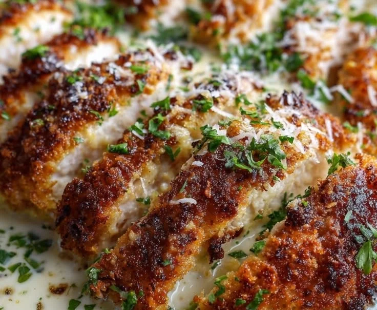 Parmesan Crusted Chicken served in Garlic Cream Sauce