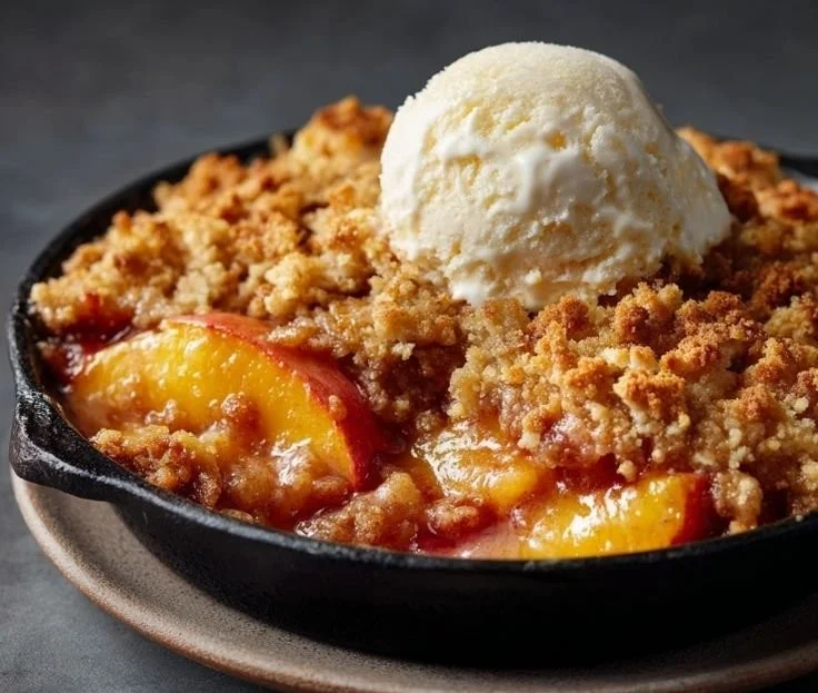 Delicious peach crumble cobbler served warm with a golden crunchy topping