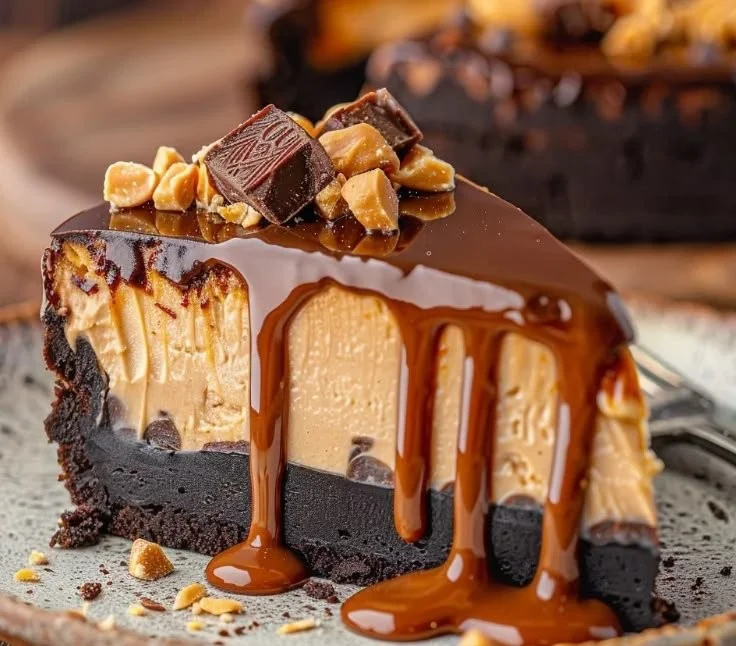 Delicious Peanut Butter Cheesecake topped with chocolate drizzle